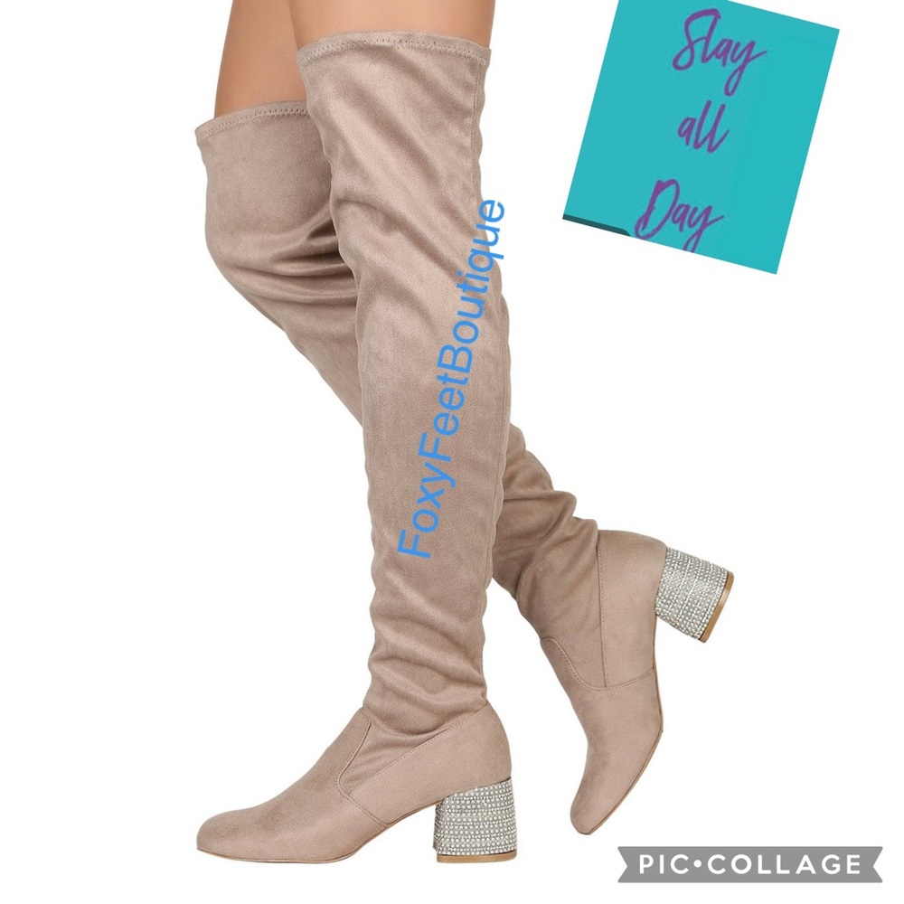 Beige Suede with Rhinestone Heel